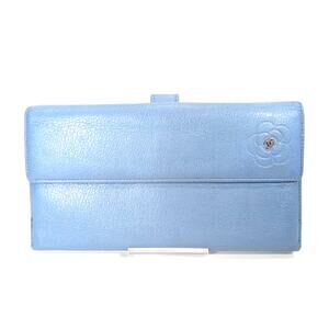 Authentic CHANEL Camellia Wallet Calfskin Wallet Light Blue